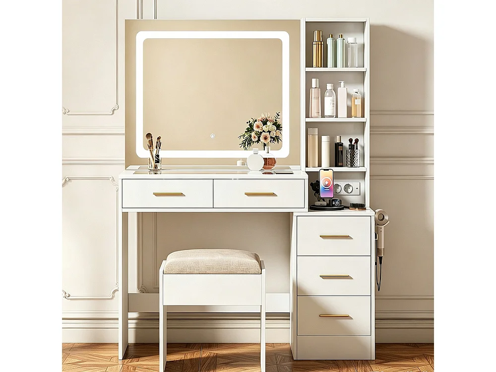 Dressing Table - 110 x 36 x 140 cm - avec Tabouret & 5 tiroirs de rangement & Miroir de maquillage LED & Porte-sèche-cheveux & Prises électriques