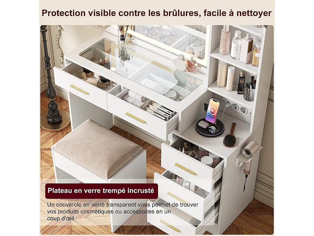 Dressing Table - 110 x 36 x 140 cm - avec Tabouret & 5 tiroirs de rangement & Miroir de maquillage LED & Porte-sèche-cheveux & Prises électriques