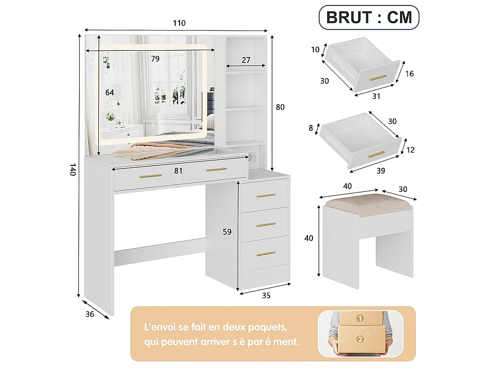 Dressing Table - 110 x 36 x 140 cm - avec Tabouret & 5 tiroirs de rangement & Miroir de maquillage LED & Porte-sèche-cheveux & Prises électriques
