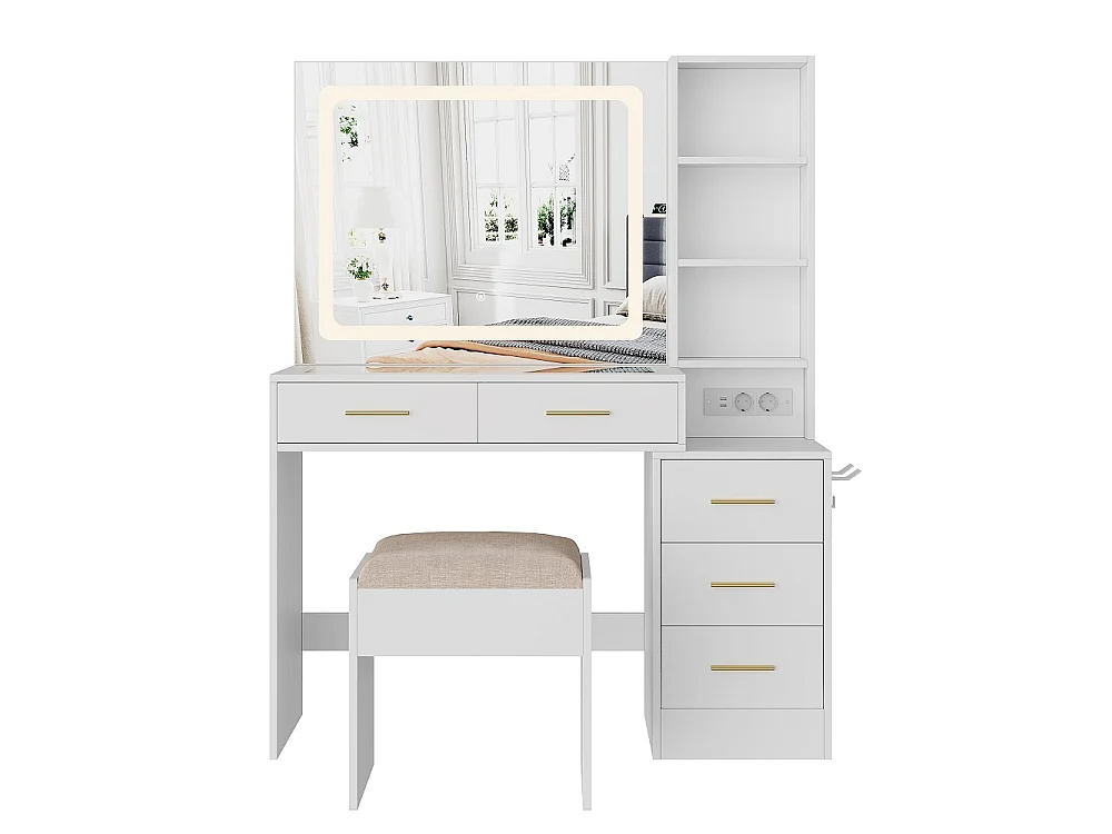 Dressing Table - 110 x 36 x 140 cm - avec Tabouret & 5 tiroirs de rangement & Miroir de maquillage LED & Porte-sèche-cheveux & Prises électriques