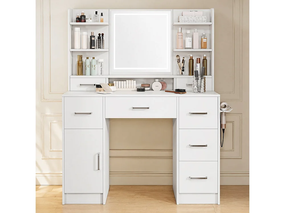 Table de dressing - 110 x 40 x 140 cm - avec miroir d'éclairage LED 3 couleurs réglable et 7 tiroirs et compartiments ouverts