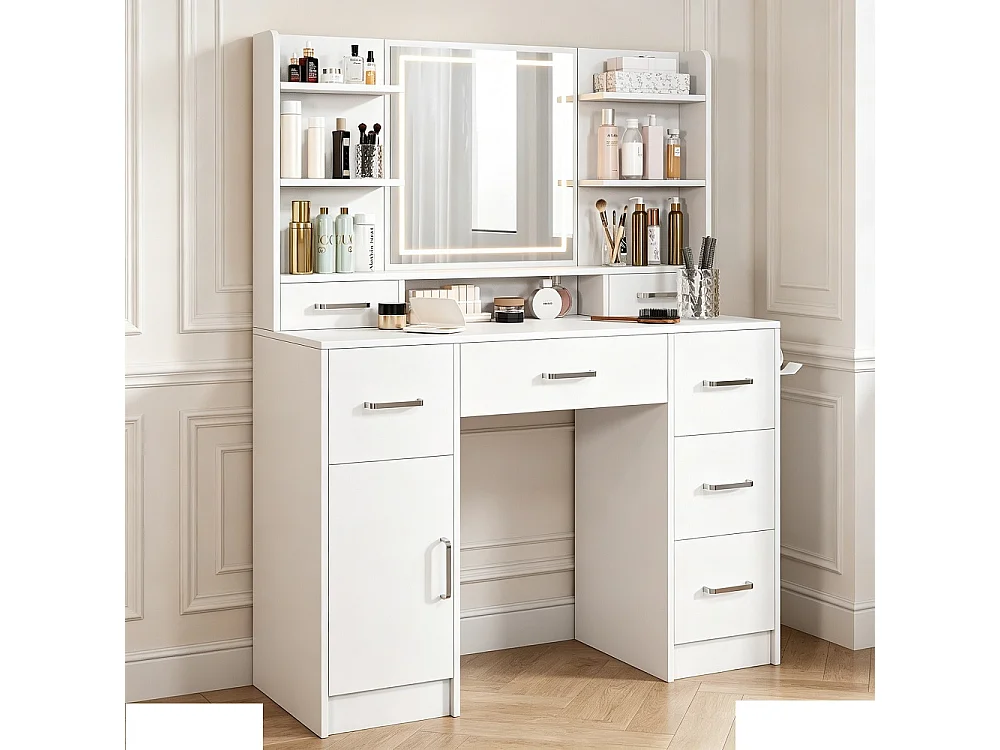 Table de dressing - 110 x 40 x 140 cm - avec miroir d'éclairage LED 3 couleurs réglable et 7 tiroirs et compartiments ouverts