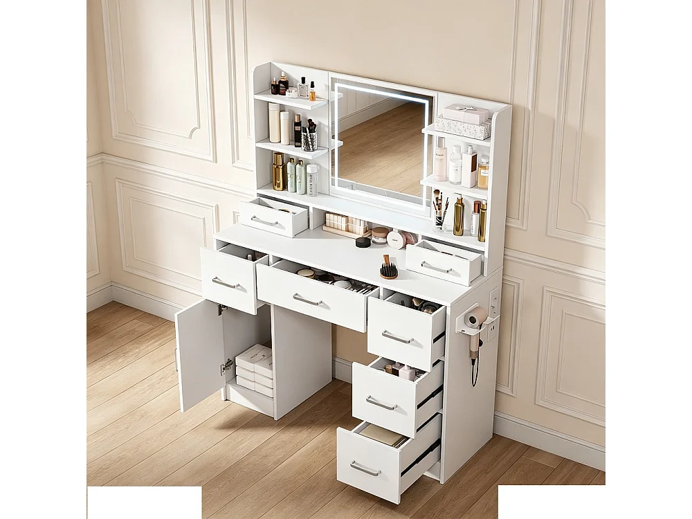 Table de dressing - 110 x 40 x 140 cm - avec miroir d'éclairage LED 3 couleurs réglable et 7 tiroirs et compartiments ouverts