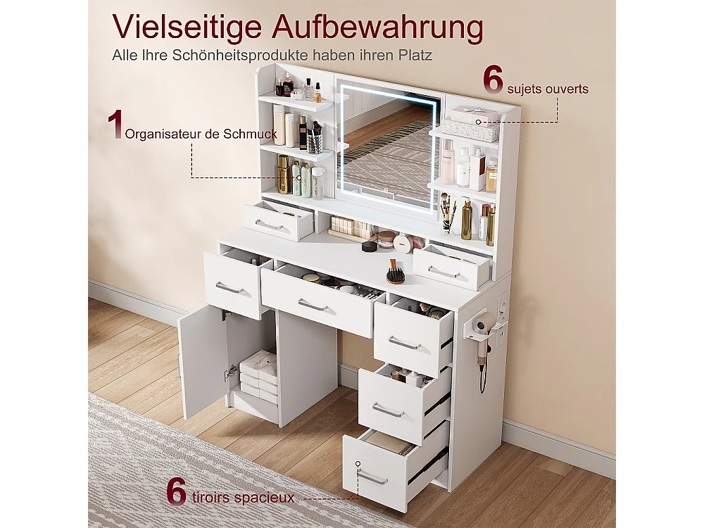 Table de dressing - 110 x 40 x 140 cm - avec miroir d'éclairage LED 3 couleurs réglable et 7 tiroirs et compartiments ouverts