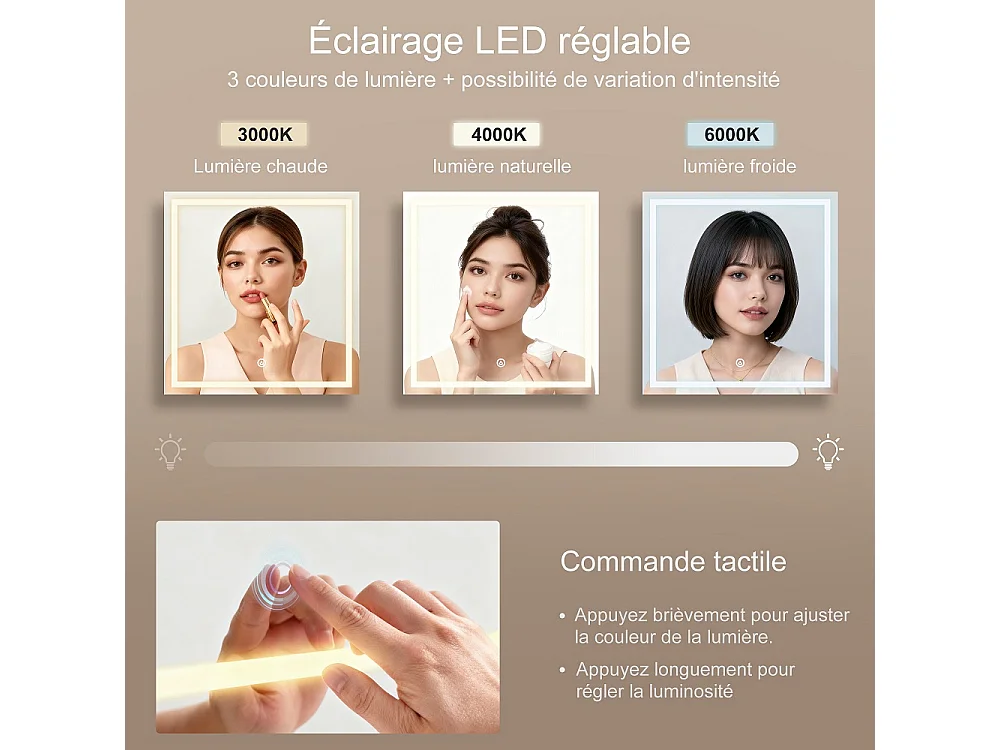 Table de dressing - 110 x 40 x 140 cm - avec miroir d'éclairage LED 3 couleurs réglable et 7 tiroirs et compartiments ouverts