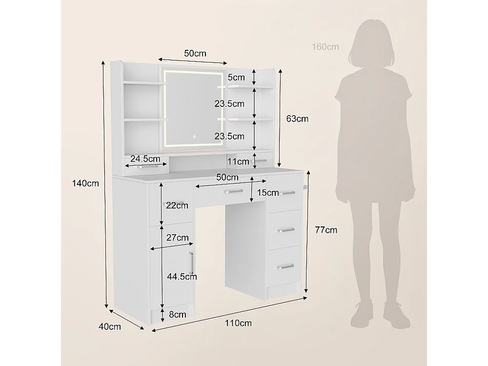 Table de dressing - 110 x 40 x 140 cm - avec miroir d'éclairage LED 3 couleurs réglable et 7 tiroirs et compartiments ouverts
