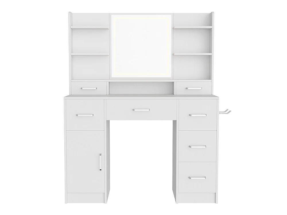 Table de dressing - 110 x 40 x 140 cm - avec miroir d'éclairage LED 3 couleurs réglable et 7 tiroirs et compartiments ouverts