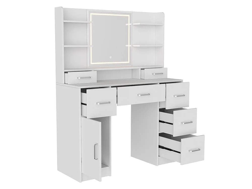 Table de dressing - 110 x 40 x 140 cm - avec miroir d'éclairage LED 3 couleurs réglable et 7 tiroirs et compartiments ouverts