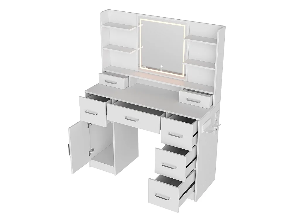 Table de dressing - 110 x 40 x 140 cm - avec miroir d'éclairage LED 3 couleurs réglable et 7 tiroirs et compartiments ouverts