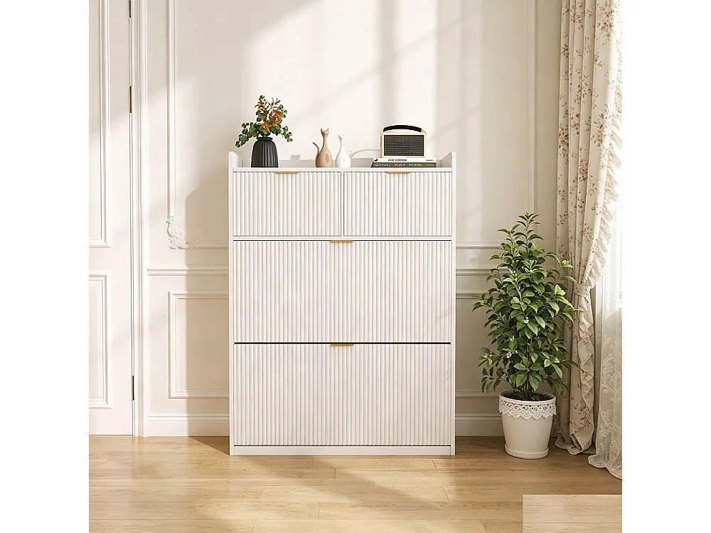 Armoire à chaussures - 80 x 24 x 110cm - Regard à rayures verticales avec 2 rabats et 2 tiroirs - Blanc