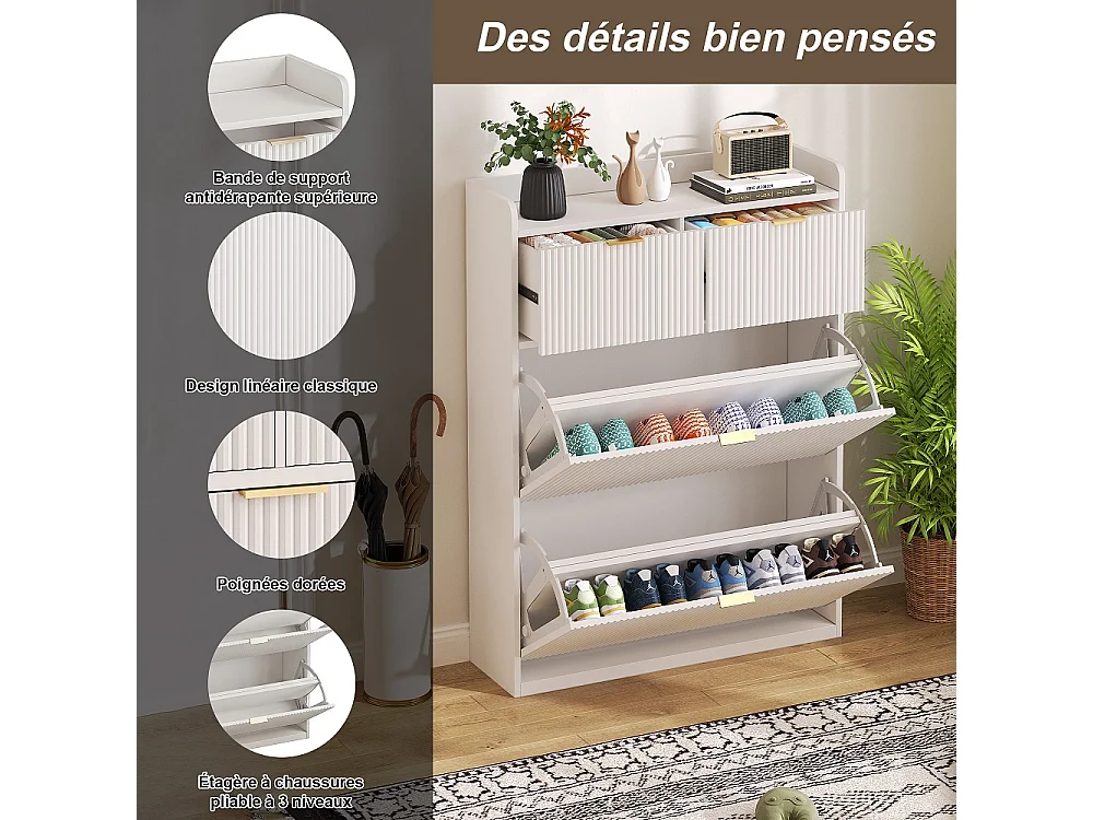 Armoire à chaussures - 80 x 24 x 110cm - Regard à rayures verticales avec 2 rabats et 2 tiroirs - Blanc