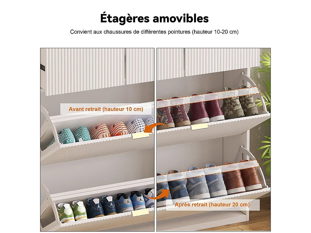 Armoire à chaussures - 80 x 24 x 110cm - Regard à rayures verticales avec 2 rabats et 2 tiroirs - Blanc