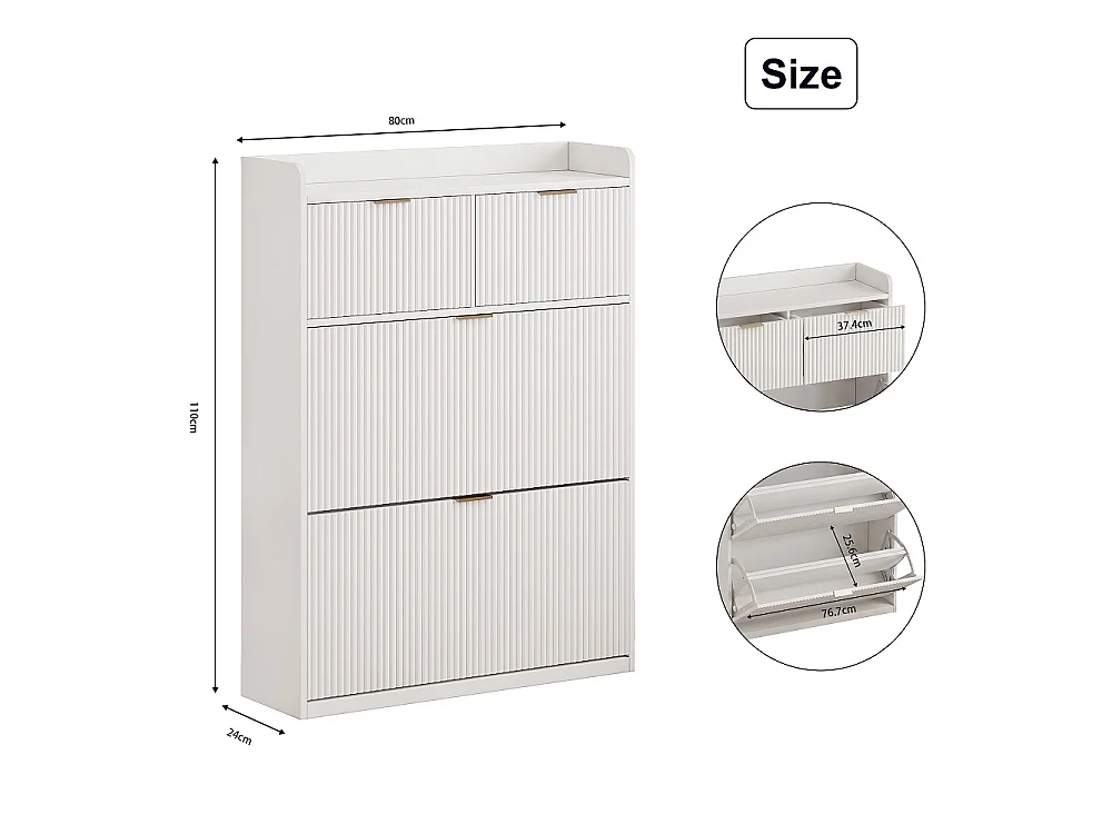 Armoire à chaussures - 80 x 24 x 110cm - Regard à rayures verticales avec 2 rabats et 2 tiroirs - Blanc