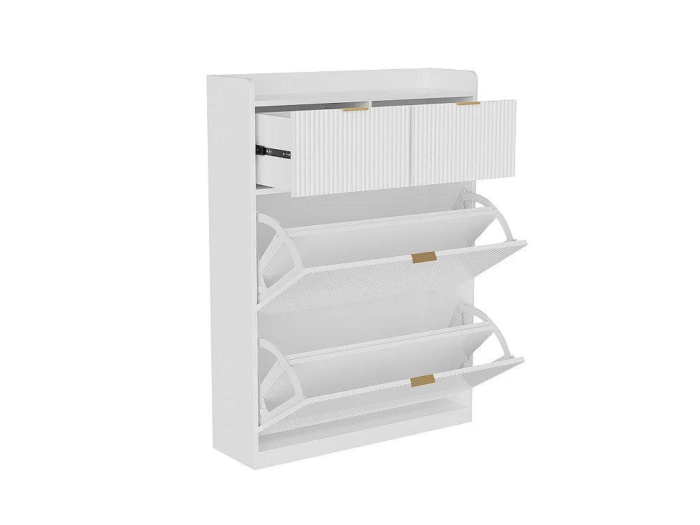 Armoire à chaussures - 80 x 24 x 110cm - Regard à rayures verticales avec 2 rabats et 2 tiroirs - Blanc