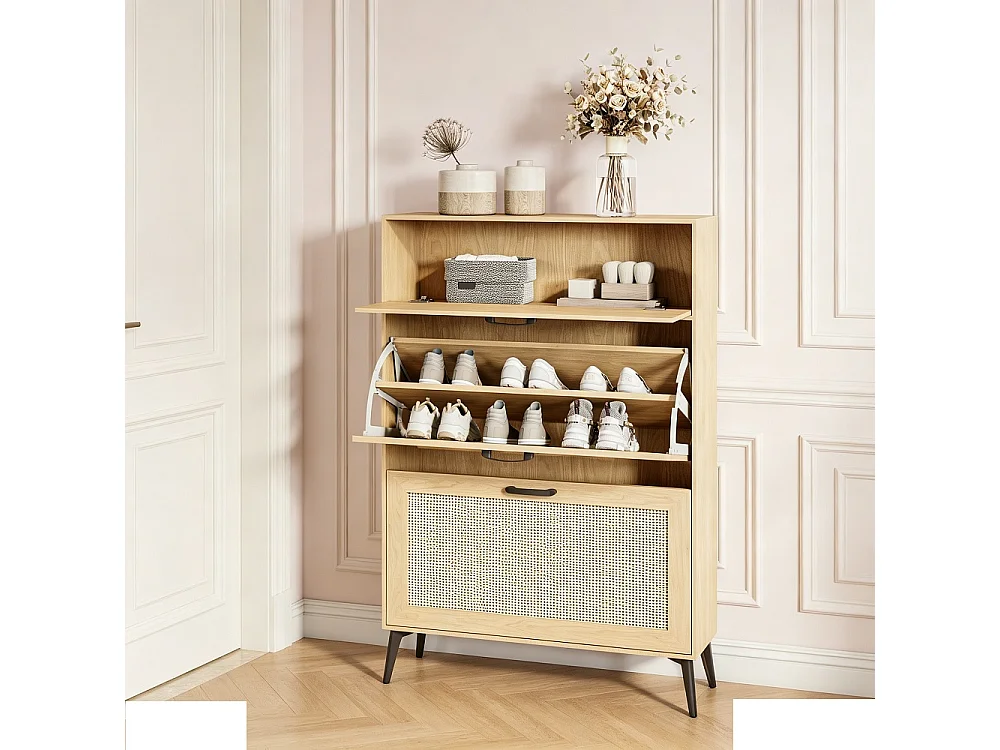 Armoire à chaussures en bois - 80 x 24 x 114 cm - avec 3 compartiments de rangement à basculement, 4 jambes de soutien noires et 3 poignées -  Style de pays