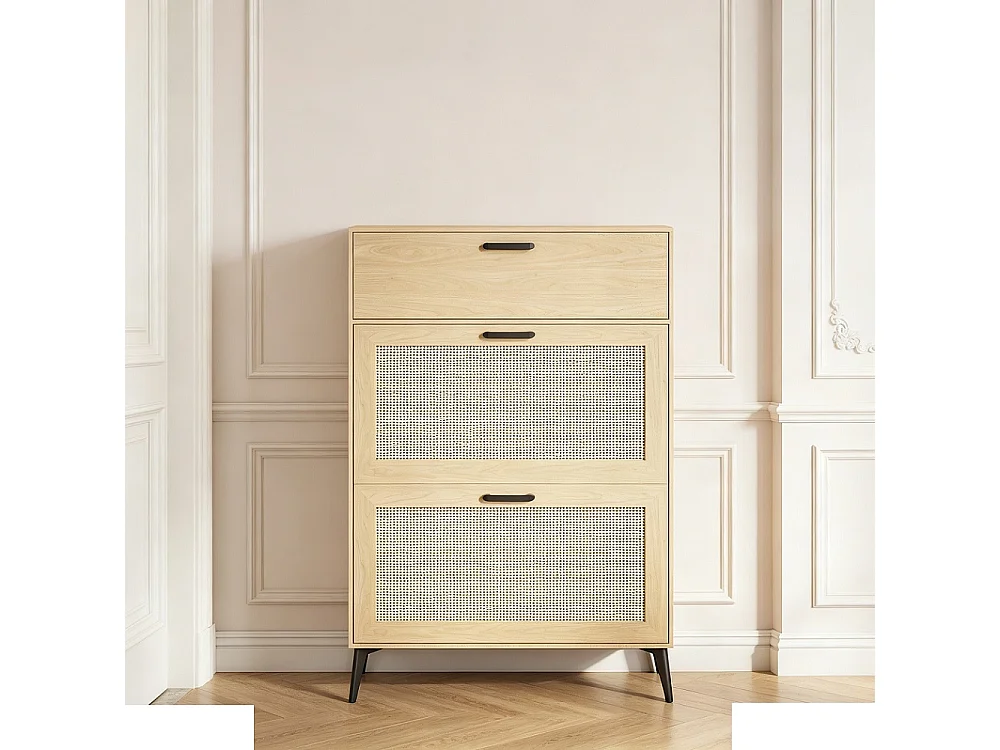 Armoire à chaussures en bois - 80 x 24 x 114 cm - avec 3 compartiments de rangement à basculement, 4 jambes de soutien noires et 3 poignées -  Style de pays