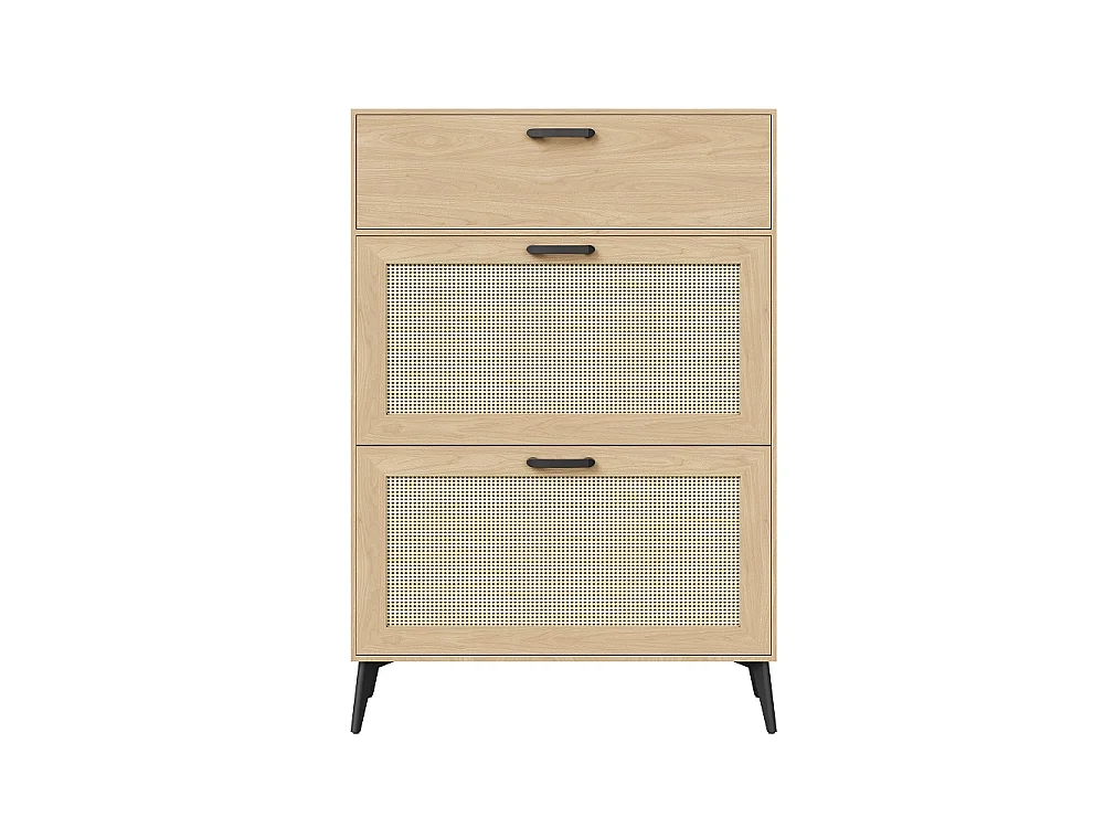 Armoire à chaussures en bois - 80 x 24 x 114 cm - avec 3 compartiments de rangement à basculement, 4 jambes de soutien noires et 3 poignées -  Style de pays