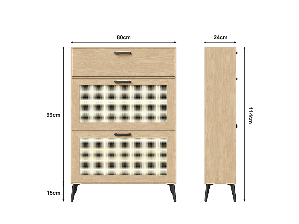 Armoire à chaussures en bois - 80 x 24 x 114 cm - avec 3 compartiments de rangement à basculement, 4 jambes de soutien noires et 3 poignées -  Style de pays