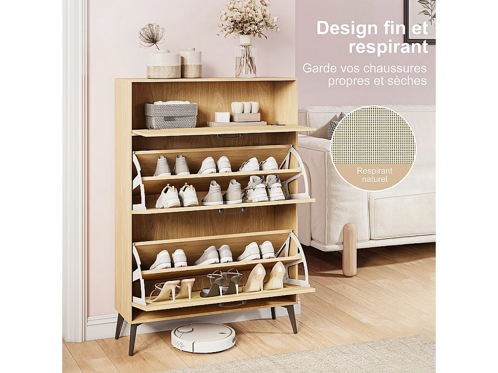 Armoire à chaussures en bois - 80 x 24 x 114 cm - avec 3 compartiments de rangement à basculement, 4 jambes de soutien noires et 3 poignées -  Style de pays