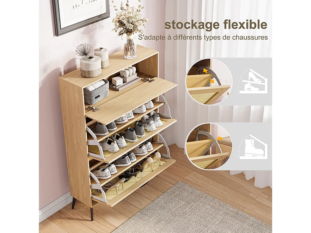 Armoire à chaussures en bois - 80 x 24 x 114 cm - avec 3 compartiments de rangement à basculement, 4 jambes de soutien noires et 3 poignées -  Style de pays