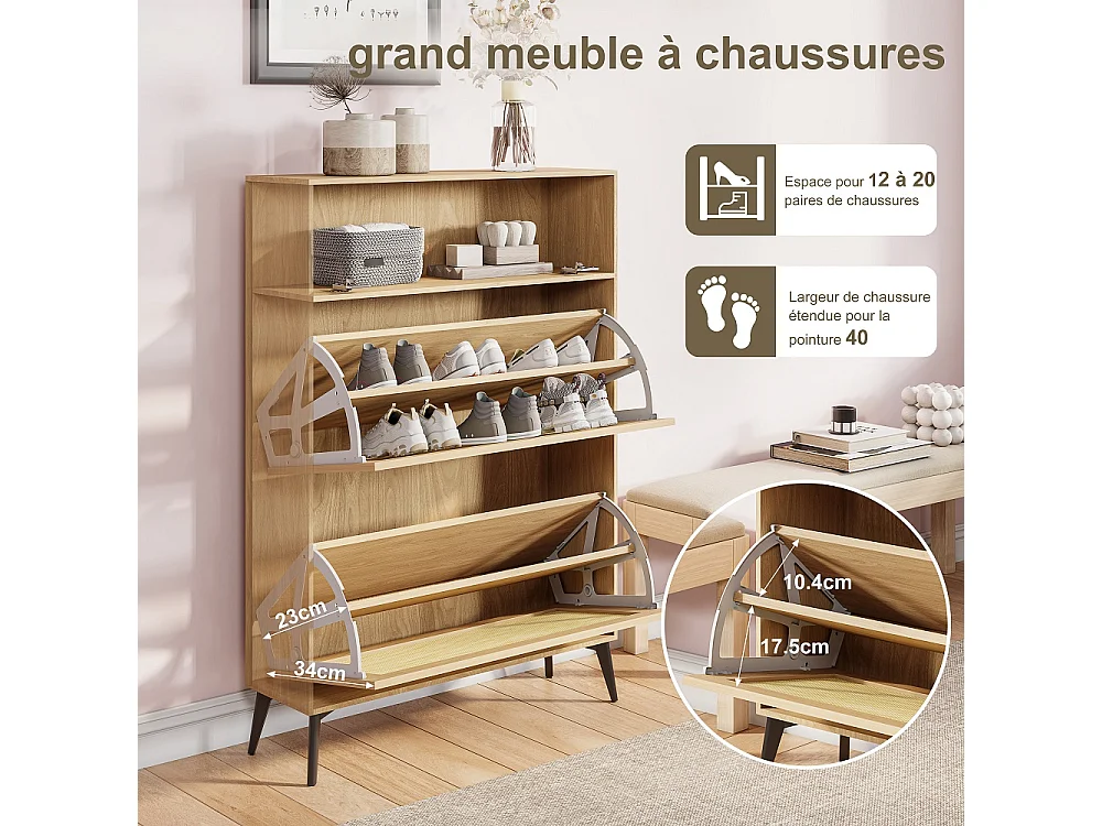 Armoire à chaussures en bois - 80 x 24 x 114 cm - avec 3 compartiments de rangement à basculement, 4 jambes de soutien noires et 3 poignées -  Style de pays