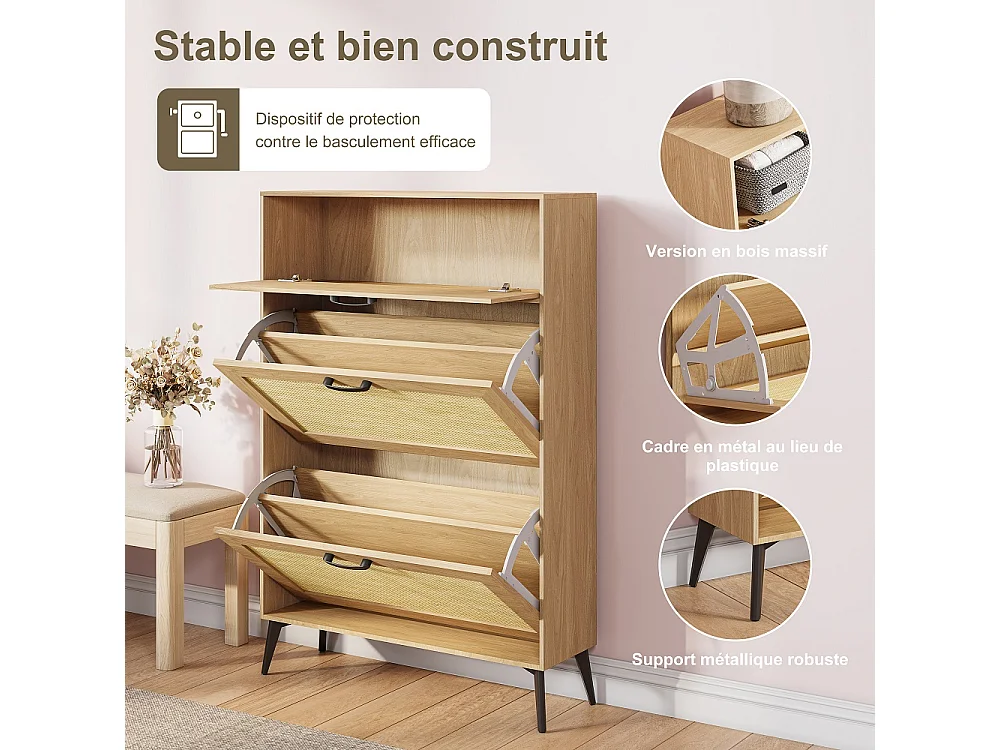 Armoire à chaussures en bois - 80 x 24 x 114 cm - avec 3 compartiments de rangement à basculement, 4 jambes de soutien noires et 3 poignées -  Style de pays