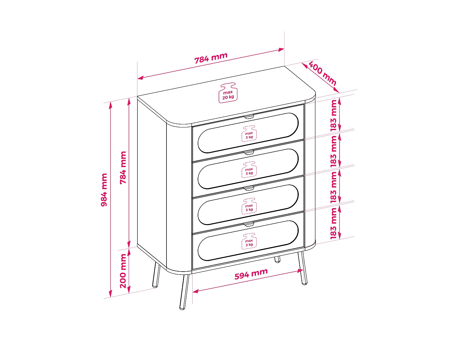Commode : 4 tiroirs, Noir, 78,4 x 40 x 98,4 cm