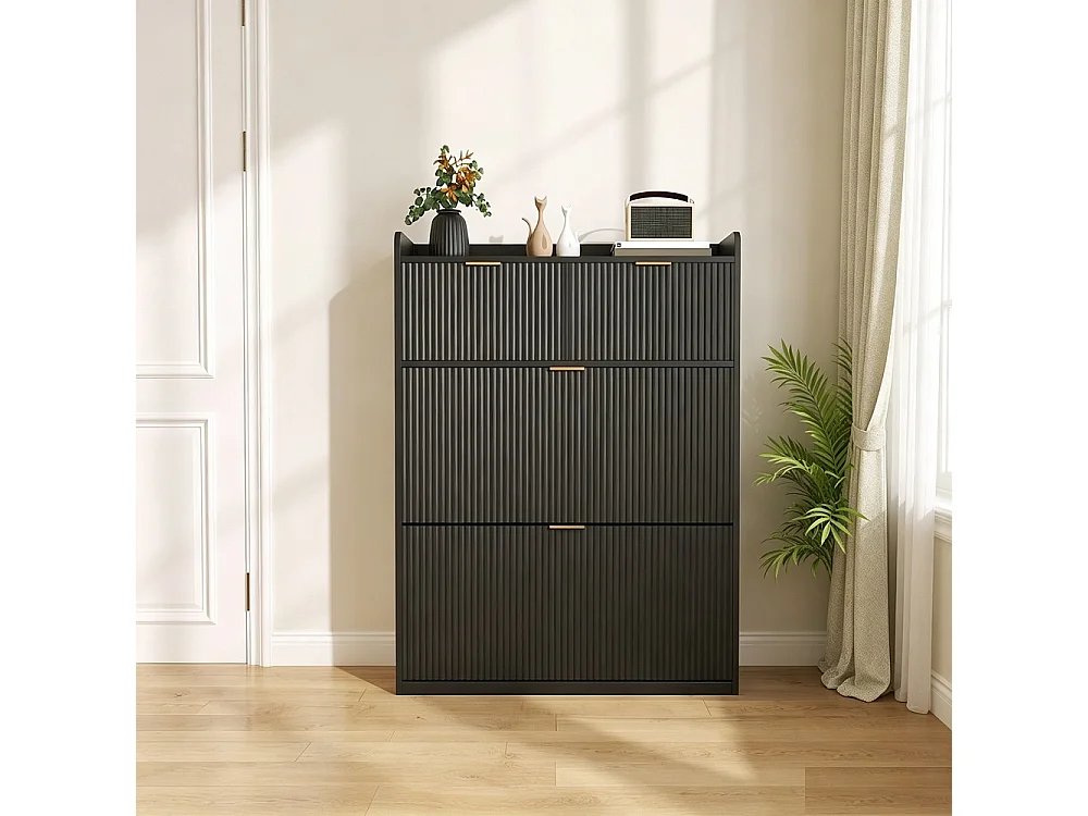 Armoire à chaussures - 80 x 24 x 110cm - Regard à rayures verticales avec 2 rabats et 2 tiroirs - Noir