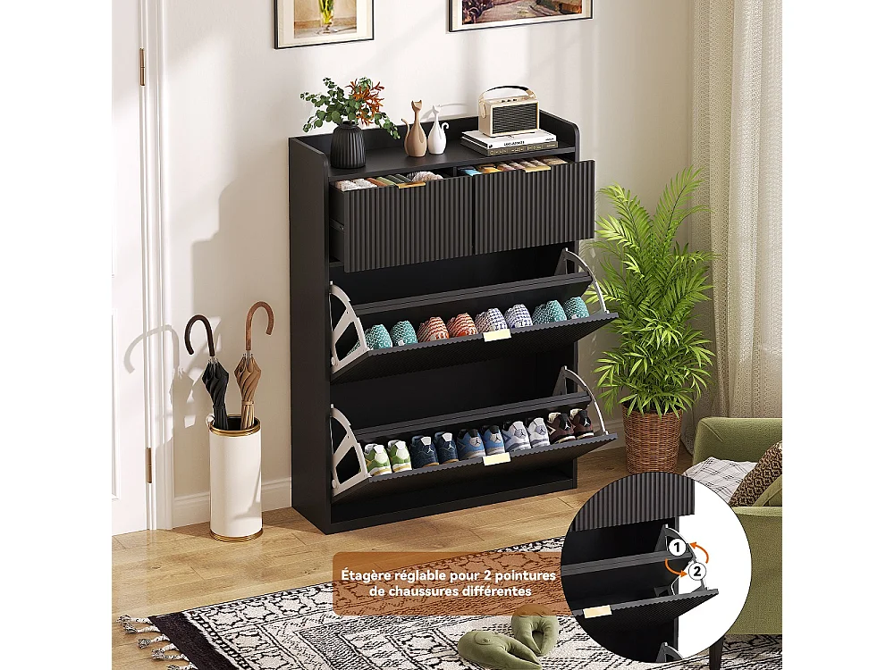 Armoire à chaussures - 80 x 24 x 110cm - Regard à rayures verticales avec 2 rabats et 2 tiroirs - Noir