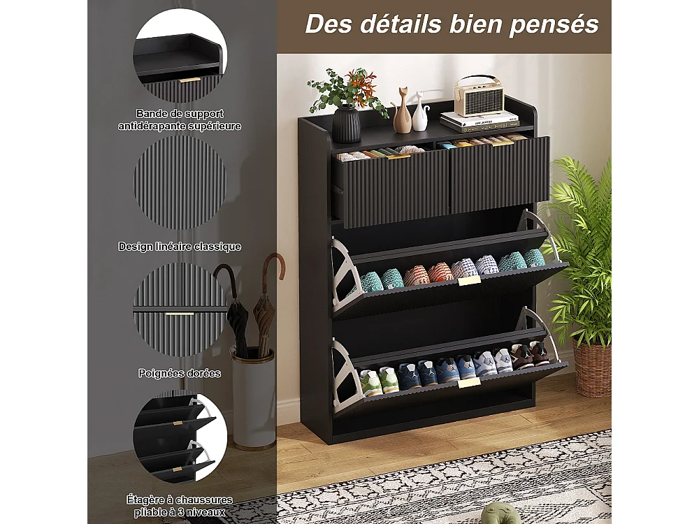 Armoire à chaussures - 80 x 24 x 110cm - Regard à rayures verticales avec 2 rabats et 2 tiroirs - Noir