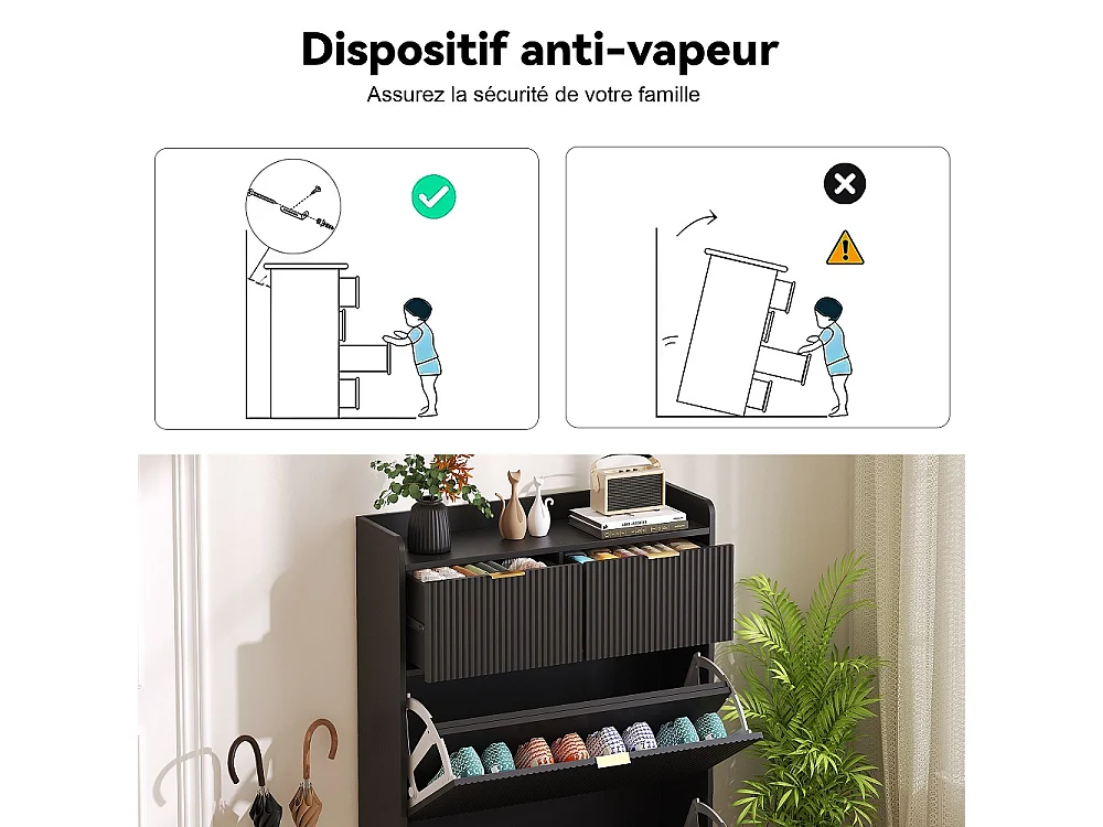 Armoire à chaussures - 80 x 24 x 110cm - Regard à rayures verticales avec 2 rabats et 2 tiroirs - Noir