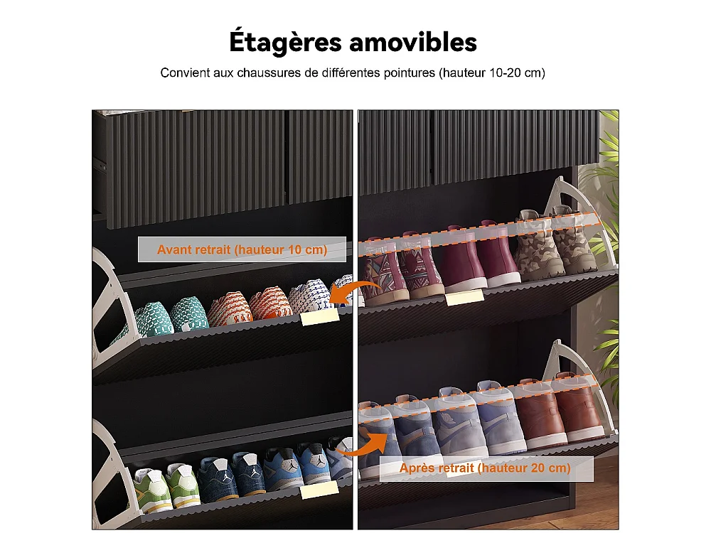 Armoire à chaussures - 80 x 24 x 110cm - Regard à rayures verticales avec 2 rabats et 2 tiroirs - Noir