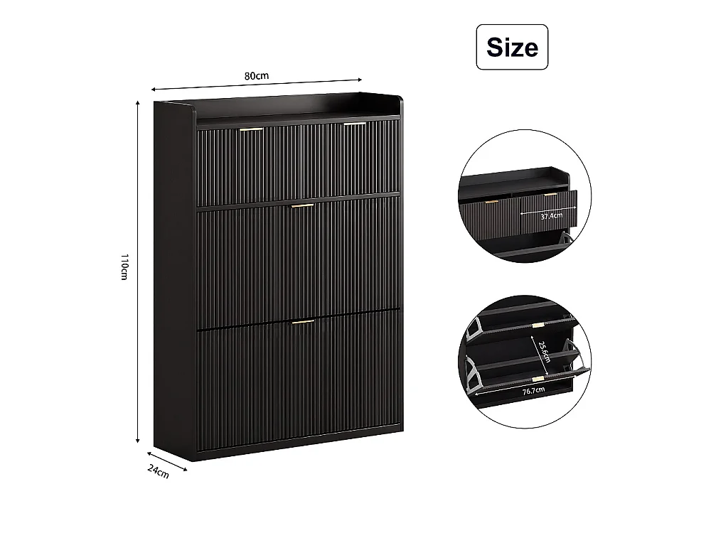 Armoire à chaussures - 80 x 24 x 110cm - Regard à rayures verticales avec 2 rabats et 2 tiroirs - Noir