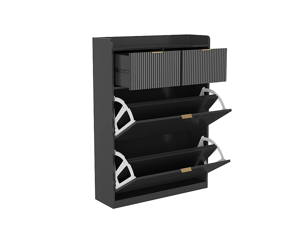 Armoire à chaussures - 80 x 24 x 110cm - Regard à rayures verticales avec 2 rabats et 2 tiroirs - Noir