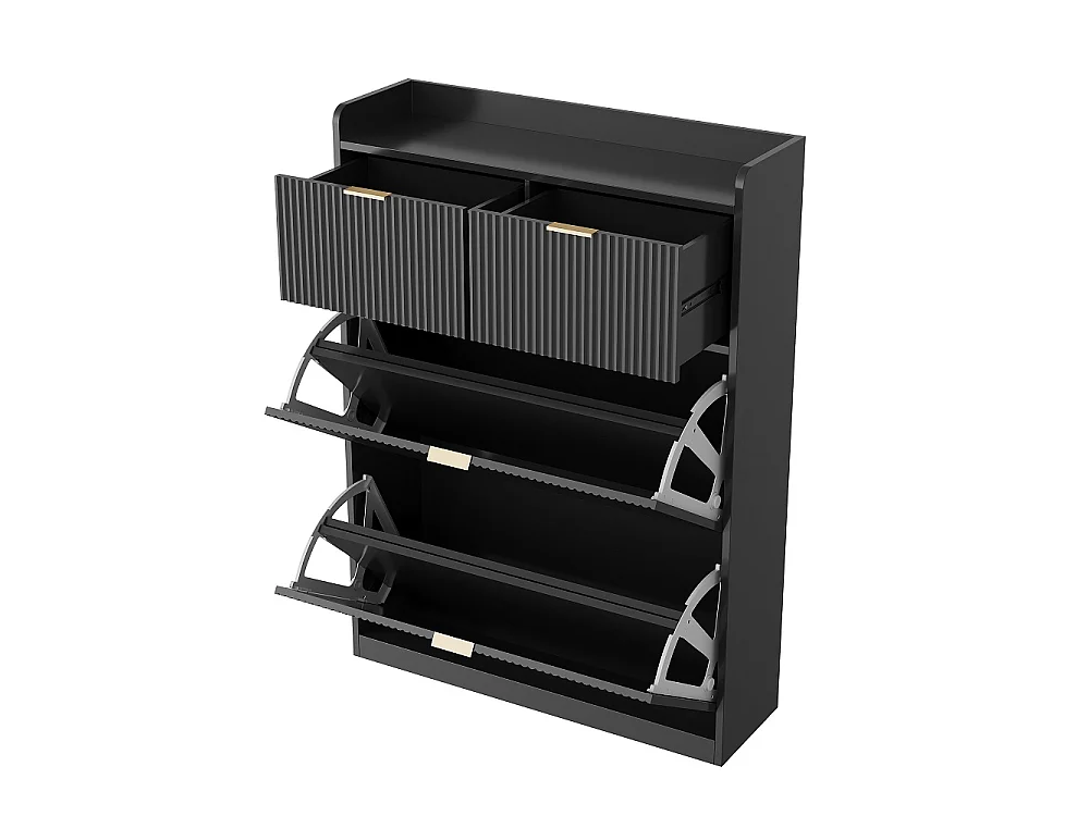 Armoire à chaussures - 80 x 24 x 110cm - Regard à rayures verticales avec 2 rabats et 2 tiroirs - Noir
