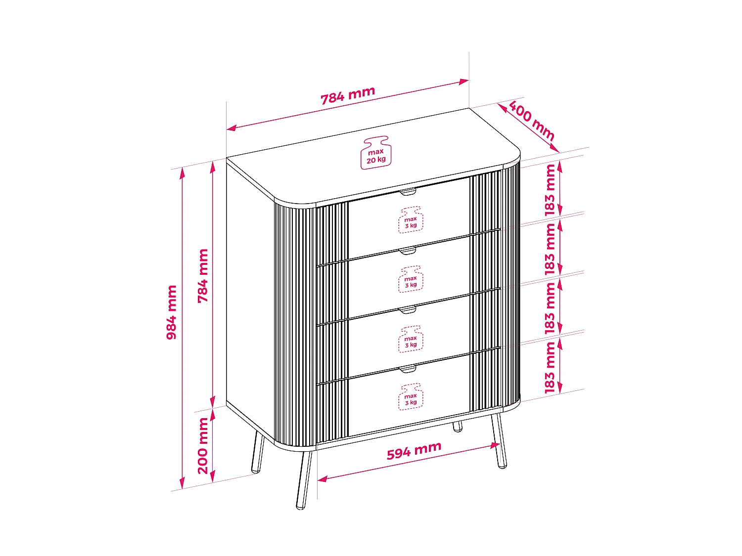 Commode 4 tiroirs, Cachemire, 78,4 x 40 x 98,4 cm