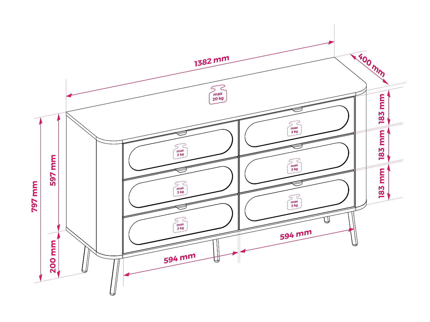 Commode 6 tiroirs, Cachemire, 150 x 40 x 92 cm