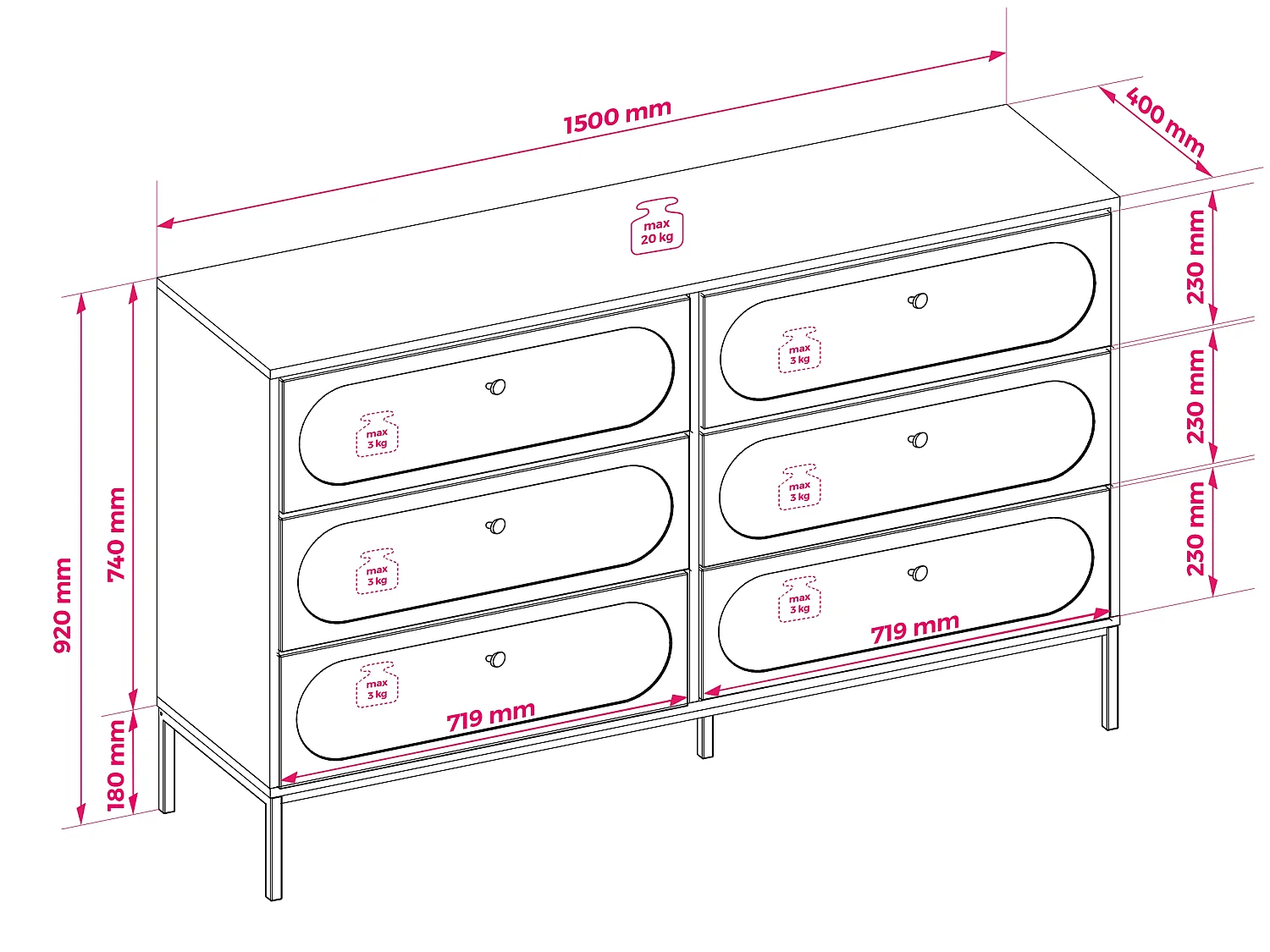 Commode 6 tiroirs, Cachemire, 150 x 40 x 92 cm