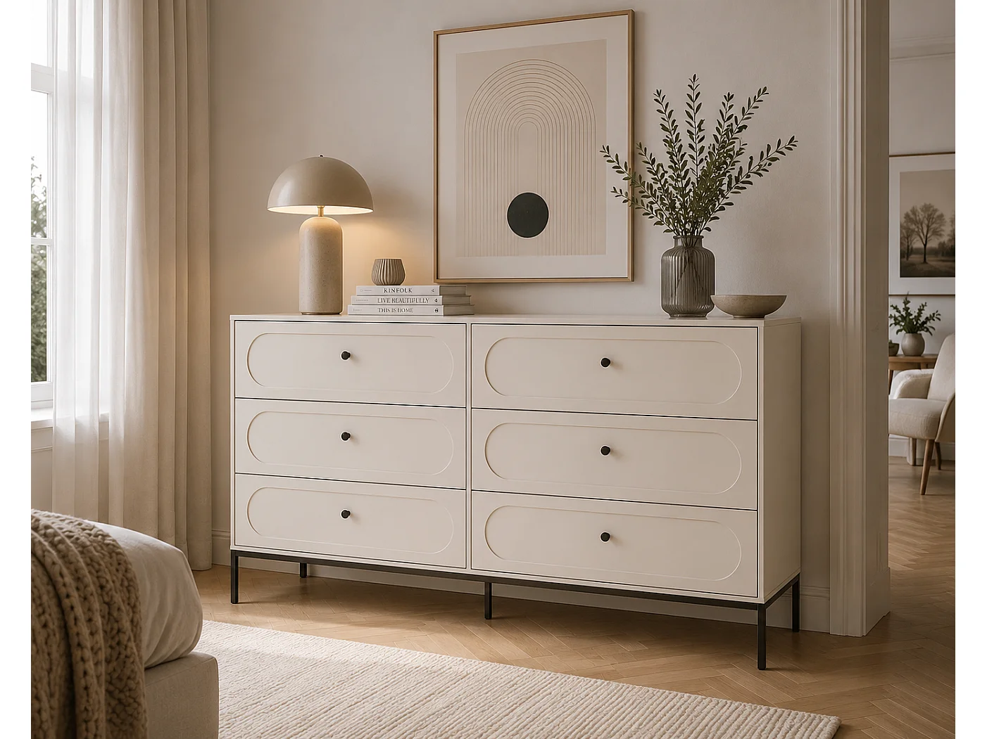 Commode 6 tiroirs, Cachemire, 150 x 40 x 92 cm