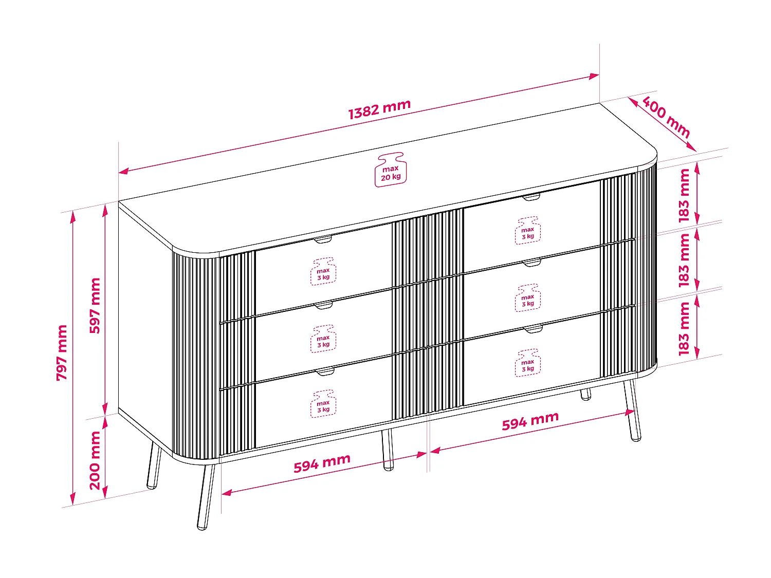 Kommode med 6 skuffer, Cashmere, 138,2 x 40 x 79,7 cm