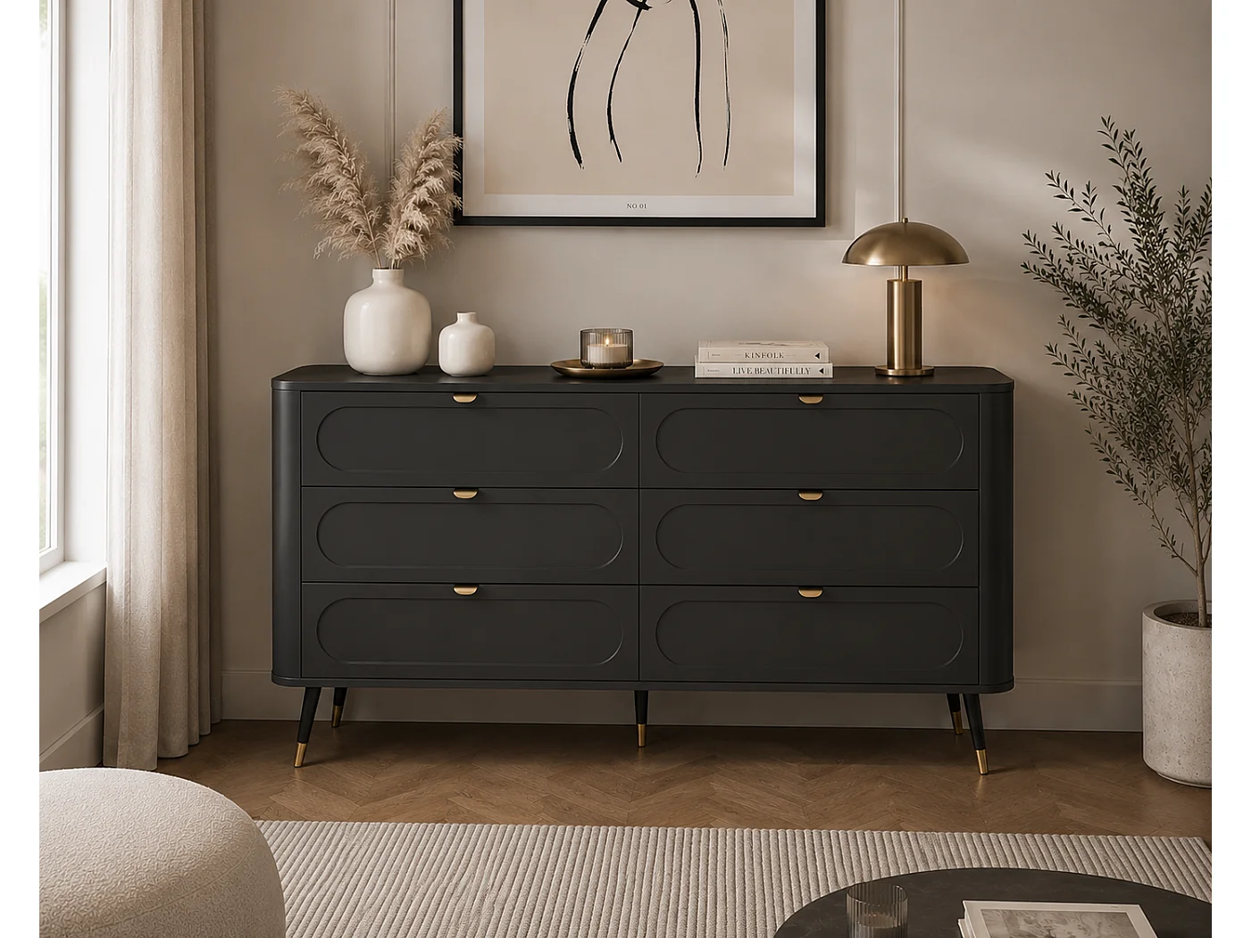 Commode : 6 tiroirs, Noir, 138,2 x 40 x 79,7 cm