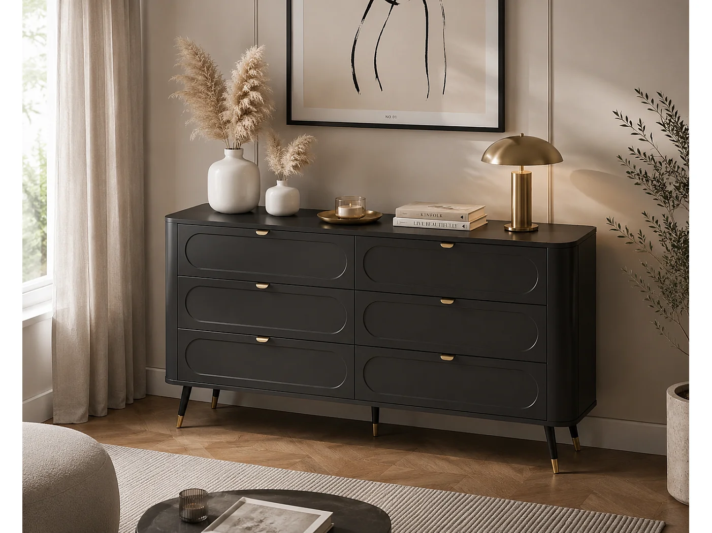 Commode : 6 tiroirs, Noir, 138,2 x 40 x 79,7 cm
