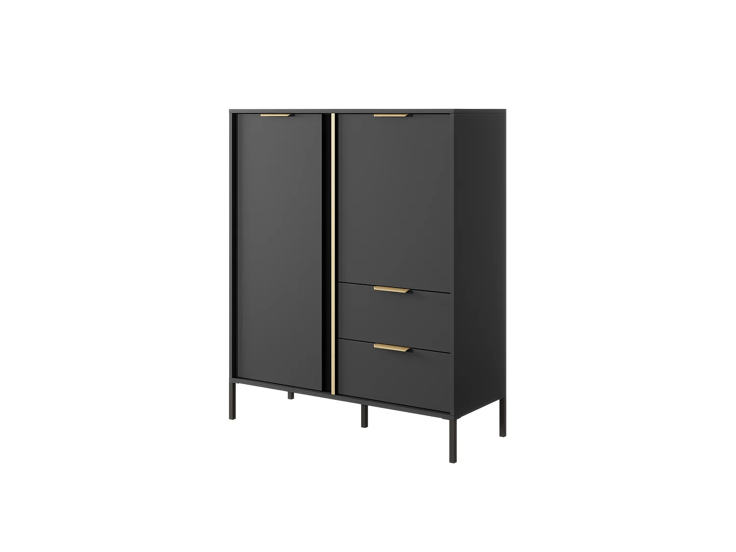 Commode Haute Anthracite, 103 x 39,5 x 123,4 cm - 2 Portes, 2 Tiroirs, Pieds Métal