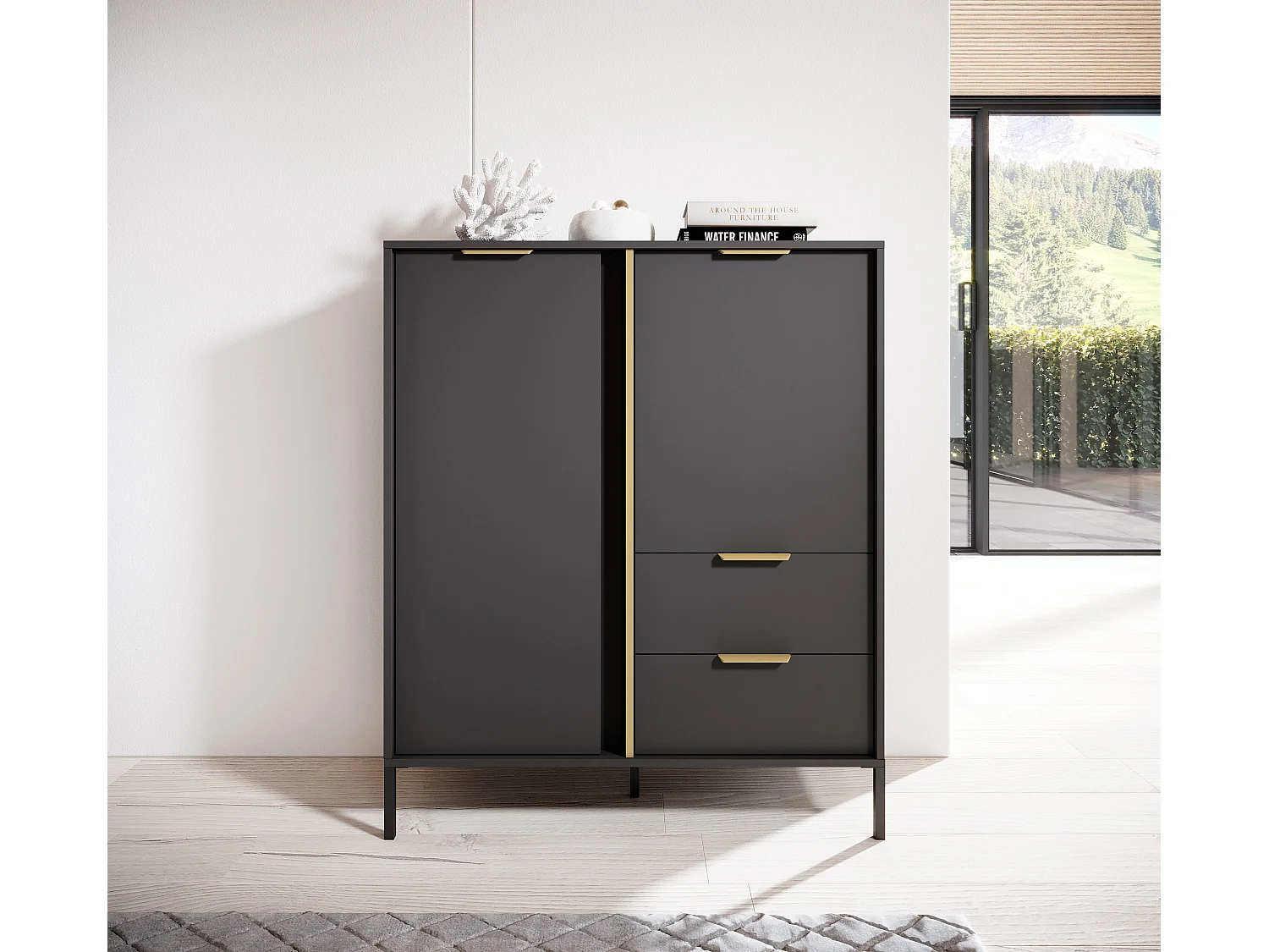 Commode Haute Anthracite, 103 x 39,5 x 123,4 cm - 2 Portes, 2 Tiroirs, Pieds Métal