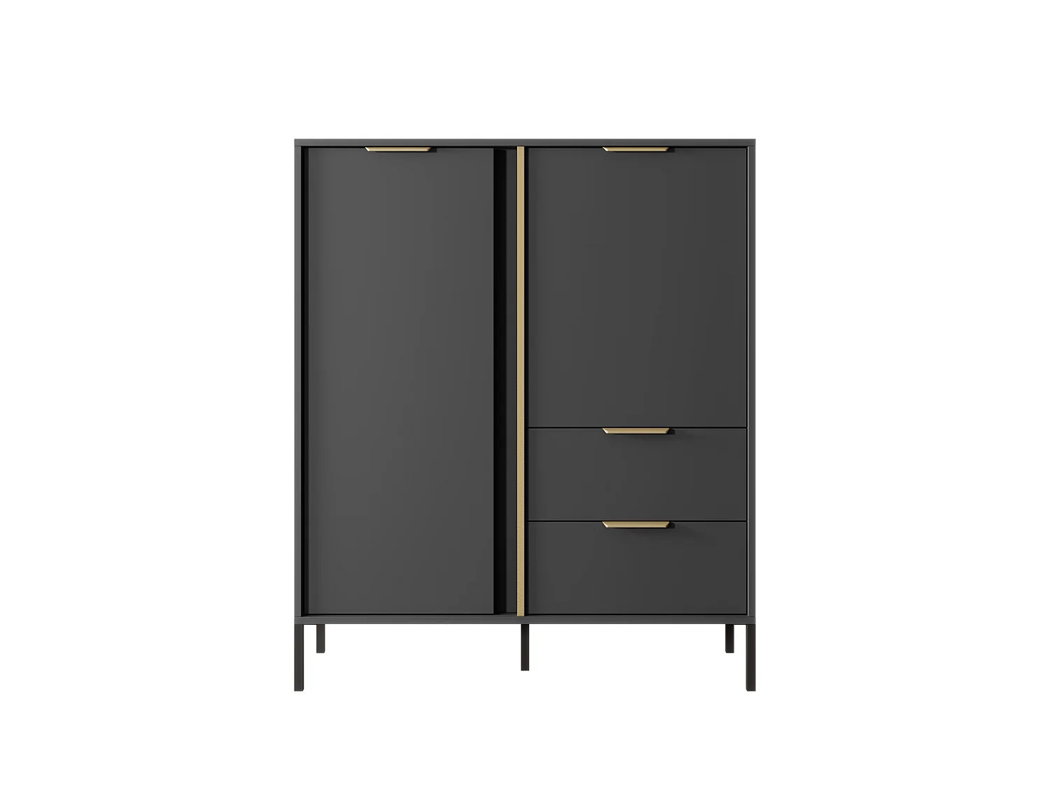 Commode Haute Anthracite, 103 x 39,5 x 123,4 cm - 2 Portes, 2 Tiroirs, Pieds Métal