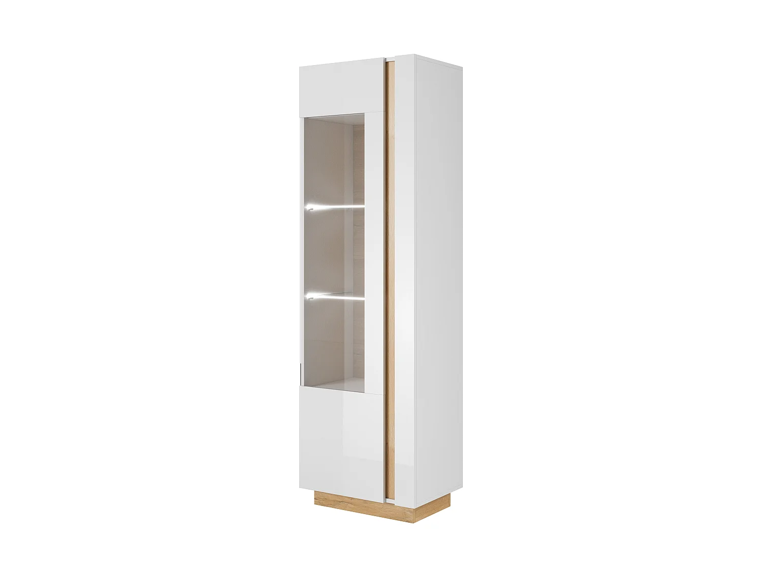 Hohe Vitrine, Weiß + Hochglanzweiß + Grandson Eiche, 60 x 193,5 x 40 cm