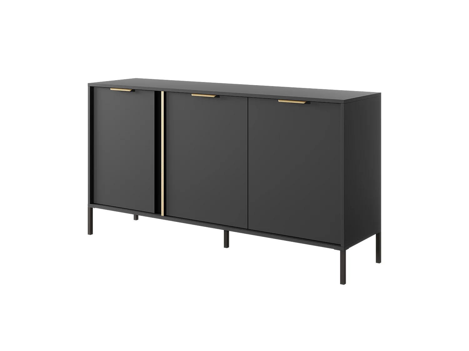 Commode Anthracite, 153 x 39,5 x 81,4 cm - 3 Portes, Pieds Métal, Poignées Dorées
