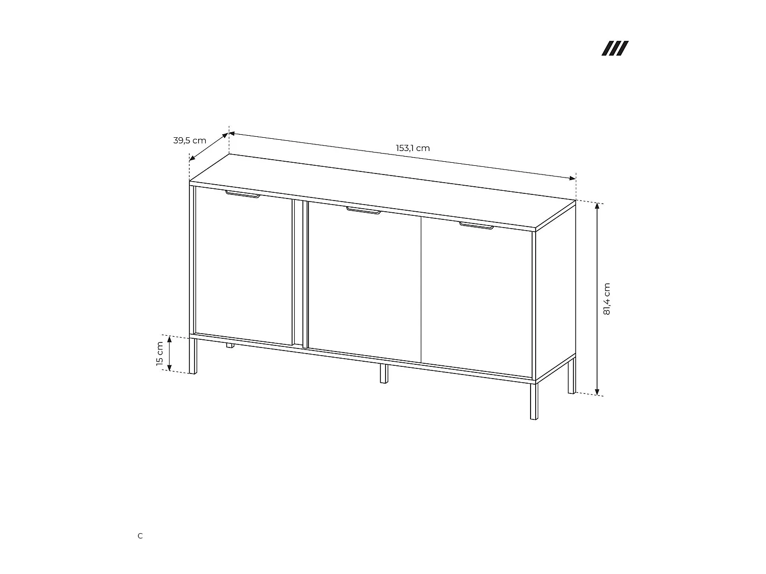 Commode Anthracite, 153 x 39,5 x 81,4 cm - 3 Portes, Pieds Métal, Poignées Dorées