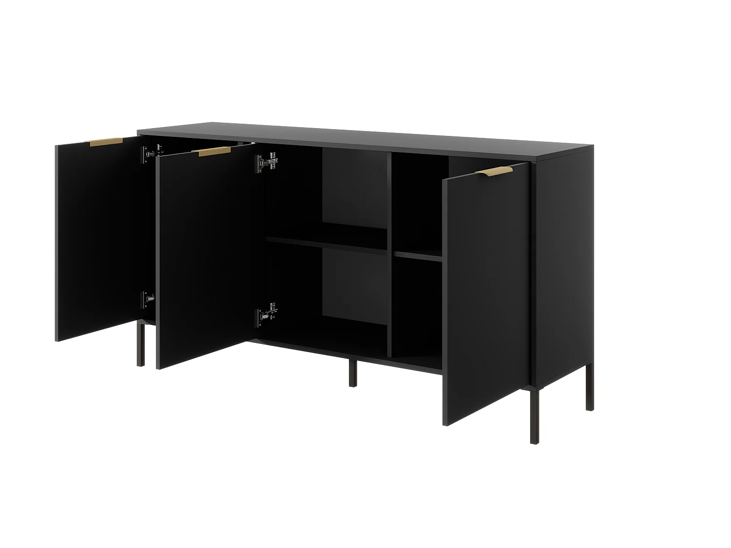 Commode Anthracite, 153 x 39,5 x 81,4 cm - 3 Portes, Pieds Métal, Poignées Dorées