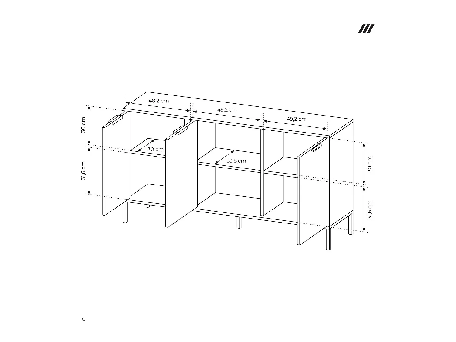 Commode Anthracite, 153 x 39,5 x 81,4 cm - 3 Portes, Pieds Métal, Poignées Dorées